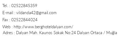 Dalyan Berg Hotel telefon numaralar, faks, e-mail, posta adresi ve iletiim bilgileri